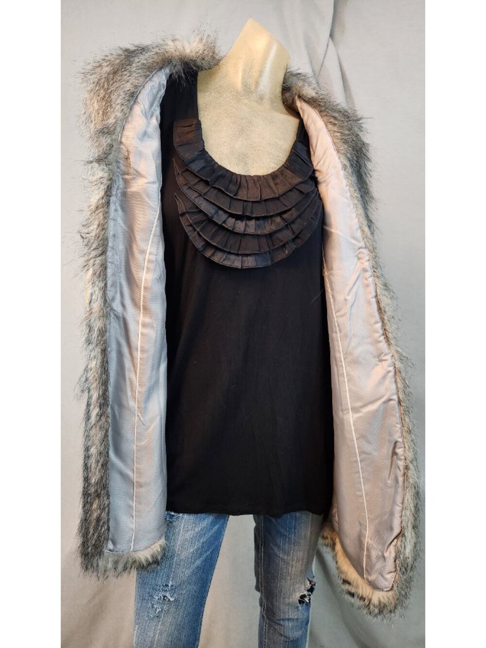 Banana Republic Gray Faux Fur Duster Vest Coat Jacket Womens XL XLARGE - Picture 6 of 7
